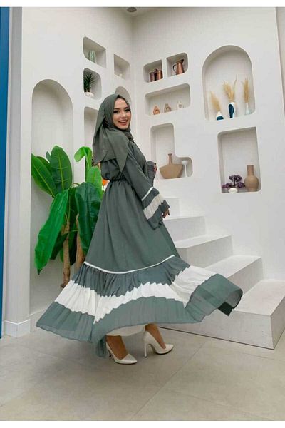 Bym Fashion عباية مطوية بحزام خصر بلونين على الأكمام والتنورة 7454 نعناعي