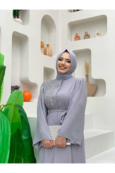 Bym Fashion Shoulder Stone Embroidered Waist Tie Ferace 7805 Gray