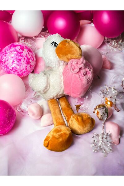 Happyland Baby Shower Cinsiyet Parti Pembe Peluş Leylek Oyuncak Hoşgeldin Bebeğm Yazılı Peluş Leylek