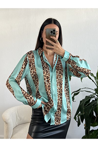 minaaise Turquoise Satin Leopard Pattern Shirt 25283