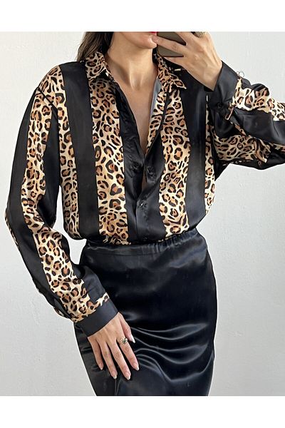 minaaise Cămașă neagră cu model leopard din satin 25283