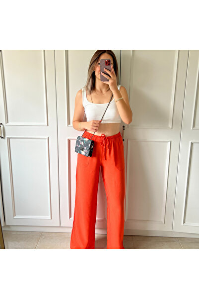Butik Kırınkıl Kumaş Geniş Paça Nar Çiçeği Pantolon