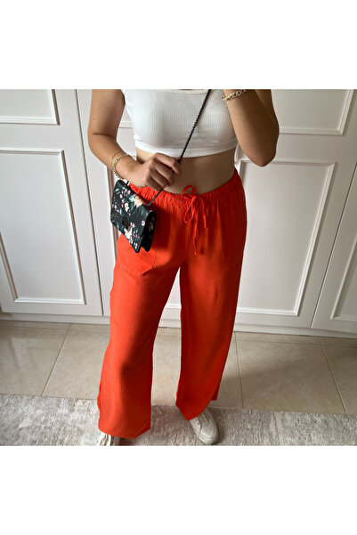 Butik Kırınkıl Kumaş Geniş Paça Nar Çiçeği Pantolon