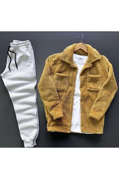 İnsane Minds Men's Pocket Detailed Plush Shirt and Tracksuit Combination