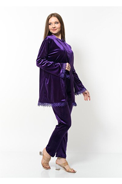 Nuseel طقم ثوب نوم نسائي مخملي مكون من 3 قطع بلون البرقوق