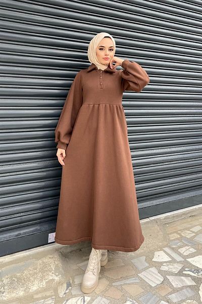 Şule Giyim Front Buttoned Three Thread Dress Brown