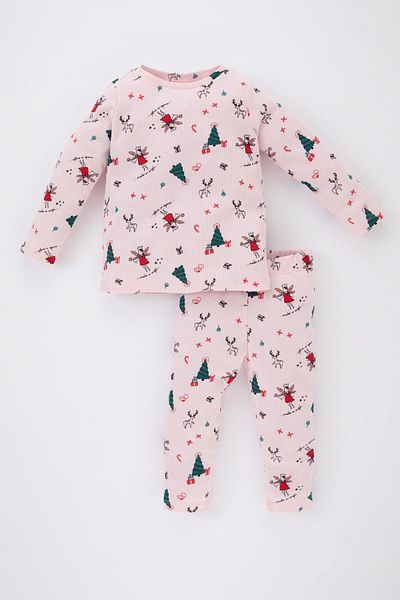DeFacto Baby Girl Christmas Themed Long Sleeve Ribbed Camisole Pajama Set B2118A523Wn