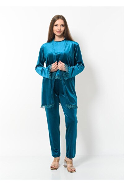 Nuseel Γυναικείο βελούδινο σετ νυχτικού 3 τεμαχίων Petrol Blue