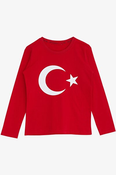 hn sport Full Likralı Kırmızı Uzun Kollu Bayrak Baskılı Tişört Badi Body T-shirt