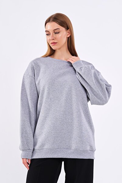 COMEOR Γκρι γυναικείο βαμβακερό oversize φούτερ Basic Crew Neck