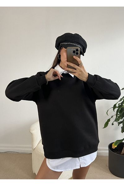 minaaise Hanorac oversize de bază negru 26088