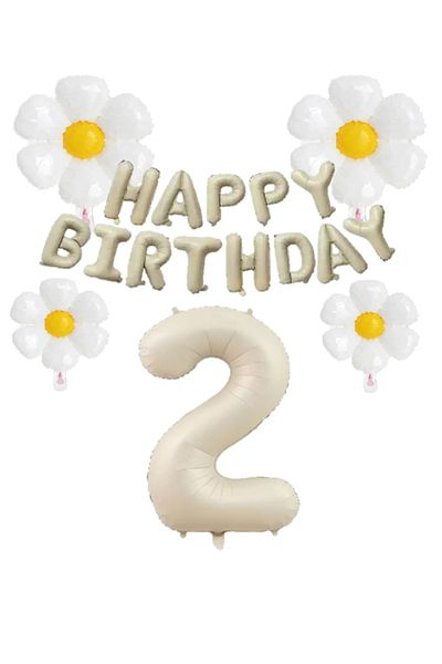 BEST PARTİ DOĞUM GÜNÜ PARTİ SÜSLERİ Beige Color Happy Birthday Set number and Daisy Foil Balloon Set Age 2