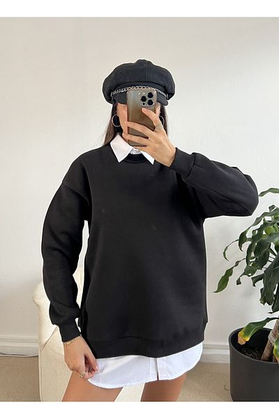 minaaise Hanorac oversize de bază negru 26088