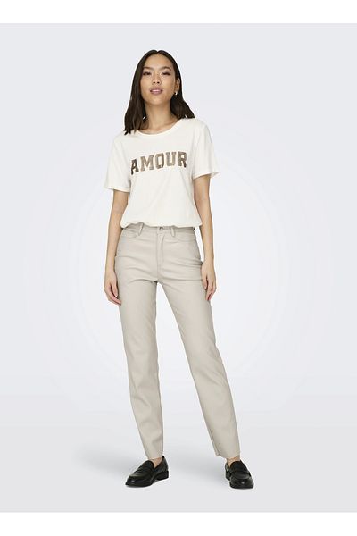 ONLY High Waist Women's Trousers - ONLEMILY HW ST ANK FAUX LEATHER PNT, Cream Color