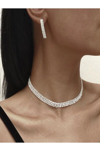 muptejewelry مجموعة مجوهرات الزركون - قلادة 3 صفوف وأقراط 2 صفوف