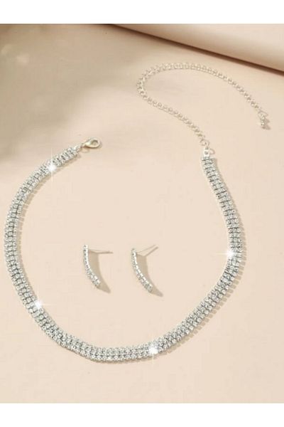 muptejewelry مجموعة مجوهرات الزركون - قلادة 3 صفوف وأقراط 2 صفوف