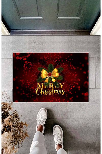 Hayal Dekoratif New Year Themed Merry Christmas Written Plaid Red Yellow Colored Digital Printed Bath Mat 50x70
