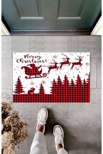 Hayal Dekoratif New Year Themed Merry Christmas Written Plaid Red White Color Digital Printed Bath Mat 50x70