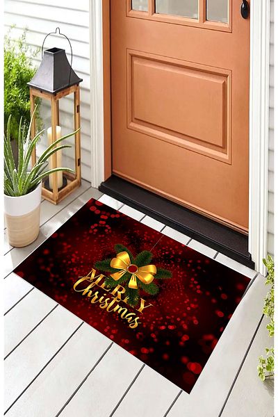 Hayal Dekoratif New Year Themed Merry Christmas Written Plaid Red Yellow Colored Digital Printed Bath Mat 50x70