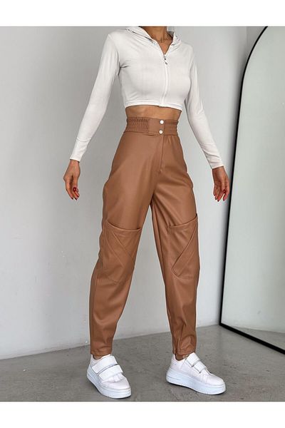 Winmoda34 Γυναικείο δερμάτινο παντελόνι με ψηλόμεσο πόδι με φερμουάρ και κορσέ