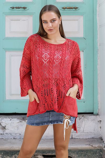 AYASOFYA OTANTIK Women's Red Bag Pocket Braided Oversize Loose Cotton Knitwear Blouse Sweater