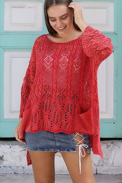 AYASOFYA OTANTIK Women's Red Bag Pocket Braided Oversize Loose Cotton Knitwear Blouse Sweater