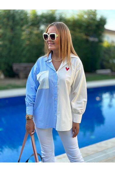 BEBE PLUS Cămașă casual de damă, albastră, albă, cu detaliu inimă