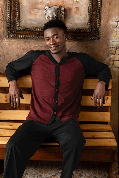 Ercan Men's Smoked Melange Long Sleeve Buttoned Front Single Jersey Fabric Woven Pajama Set