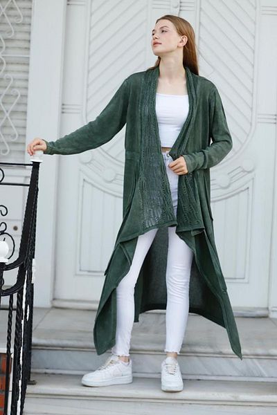 AYASOFYA OTANTIK Women's Khaki Shawl Collar Belted Long Pocket Casual Cotton Knitwear Cardigan
