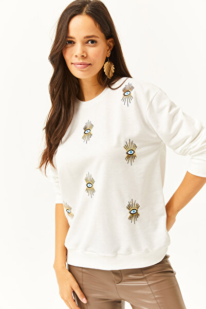 Olalook Kadın Beyaz Göz Nakışlı Mevsimlik Sweatshirt SWT-19000598