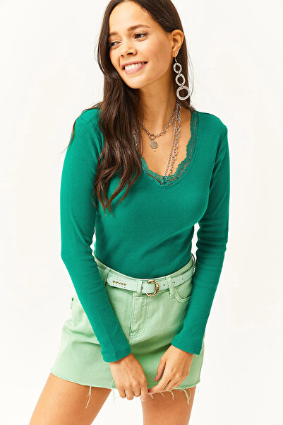 Olalook Γυναικεία Σμαραγδένια Πράσινη Δαντέλα Πλεκτή Μπλούζα Καμιζόλα με λαιμόκοψη BLZ-19001713