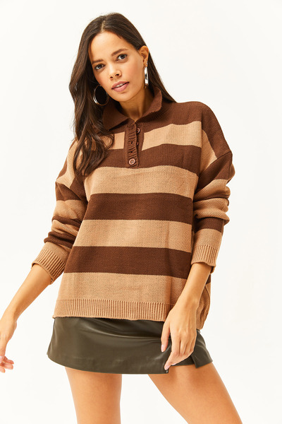 Olalook Kadın Kahverengi Polo Yaka Çizgili Kalın Triko Kazak KZK-19000665