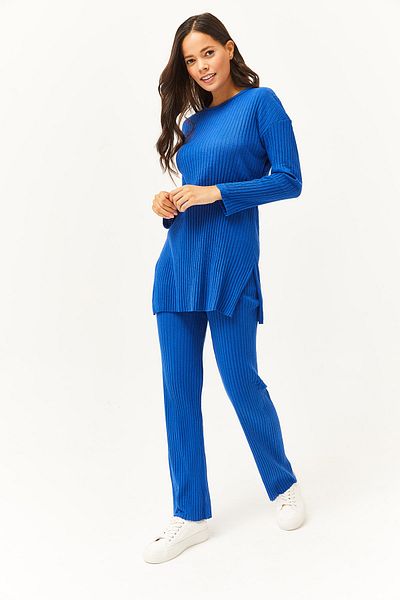 Olalook Damen Saks Blau Oberteil Schlitz Bluse Unterteil Palazzo Kordelzug Anzug TKM-19000180