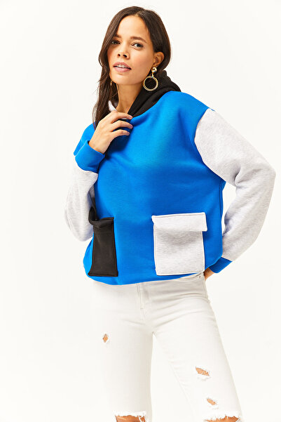 Olalook Kadın Saks Mavi Gri Renk Bloklu İçi Polarlı Sweatshirt SWT-19000327