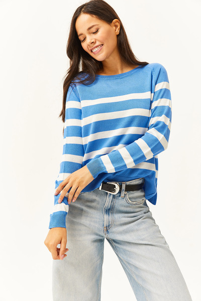 Olalook Dámská modrobílá blůza s výstřihem z bavlny viskóza BLZ-19002414