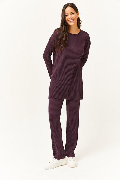 Olalook Damen Pflaumenfarbenes Oberteil mit Schlitz, Bluse, Unterteil, Palazzo, Kordelzug, Anzug TKM-19000180