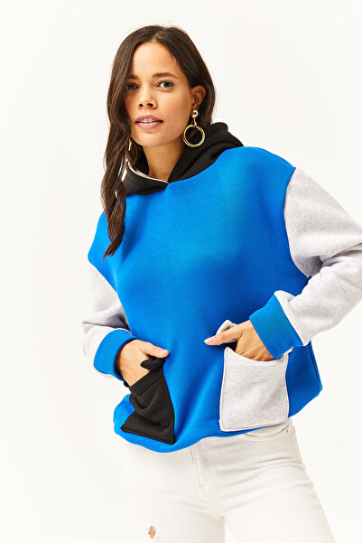 Olalook Kadın Saks Mavi Gri Renk Bloklu İçi Polarlı Sweatshirt SWT-19000327