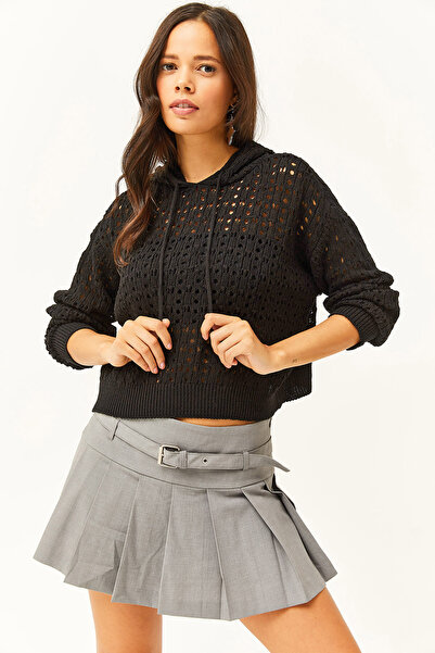 Olalook Hanorac negru din bumbac curbat cu glugă pentru femei KZK-19000664