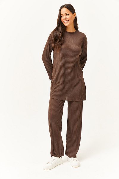 Olalook Damen Bitterbraun Oberteil Schlitz Bluse Unterteil Palazzo Kordel Anzug TKM-19000180