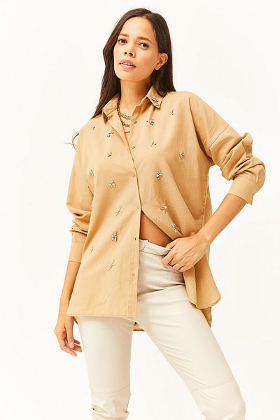 Olalook Dámská velbloudí límec a Stone Front Six Oval Woven Shirt GML-19001149