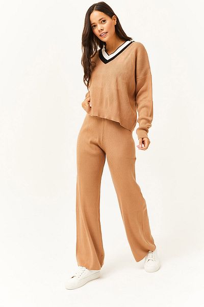 Olalook Women's Camel Top V-Neck Sweater Bottom Palazzo Pants Knitwear Set TKM-19000226