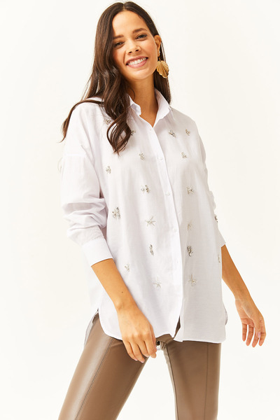 Olalook Kadın Beyaz Yakası ve Önü Taşlı Altı Oval Dokuma Gömlek GML-19001149