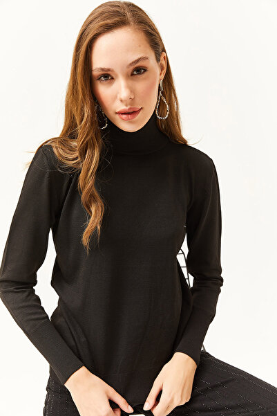 Olalook Kadın Siyah Tam Balıkçı Likralı Triko Kazak KZK-19000578