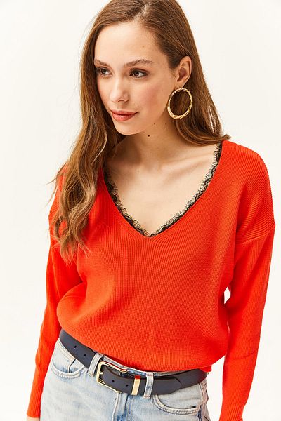 Olalook Orangefarbener Strickpullover mit Spitzendetail für Damen KZK-19000034