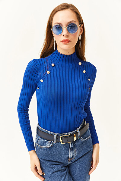 Olalook Kadın Saks Mavi Dik Yaka Kalın Fitilli Düğme Detaylı Triko Bluz BLZ-19002106