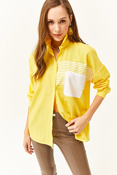 Olalook Női sárga zsebes, részletes, nagyméretű szőtt ing GML-19000978