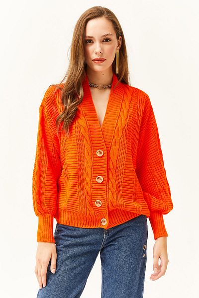 Olalook Cardigan tricot împletit cu păr gros portocaliu pentru femei HRK-19000082