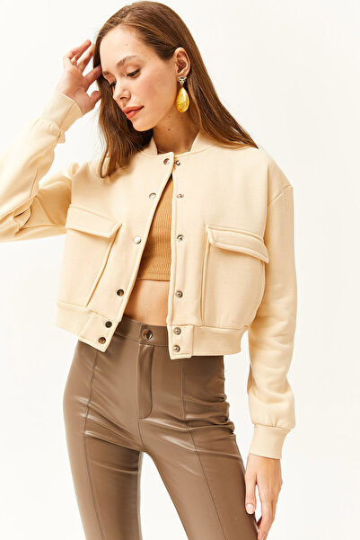 Olalook Γυναικείο μπεζ τσεπάκι με κουμπωτό κλείσιμο εσωτερικά Fleece Crop Jacket CKT-19000365