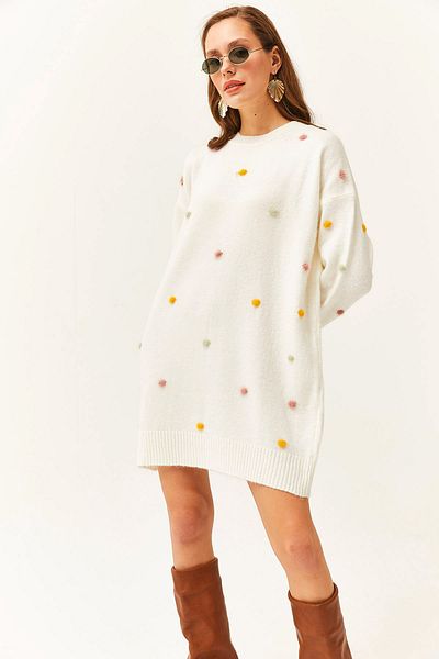 Olalook Women's Ecru Colored Pompom Soft Textured Tunic Dress ELB-19001979