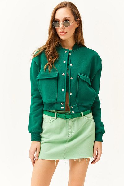 Olalook Smaragdgrüne kurze Jacke mit Taschen, Druckknopfverschluss und Fleece-Innenseite für Damen CKT-19000365
